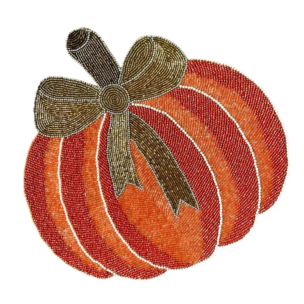 Tahari Pumpkin With Gold Bow Beaded Placemat 15in Designer Fall Decor New